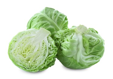 Photo of Whole and cut cabbages isolated on white