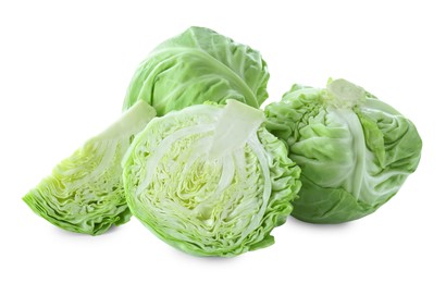 Photo of Whole and cut cabbages isolated on white