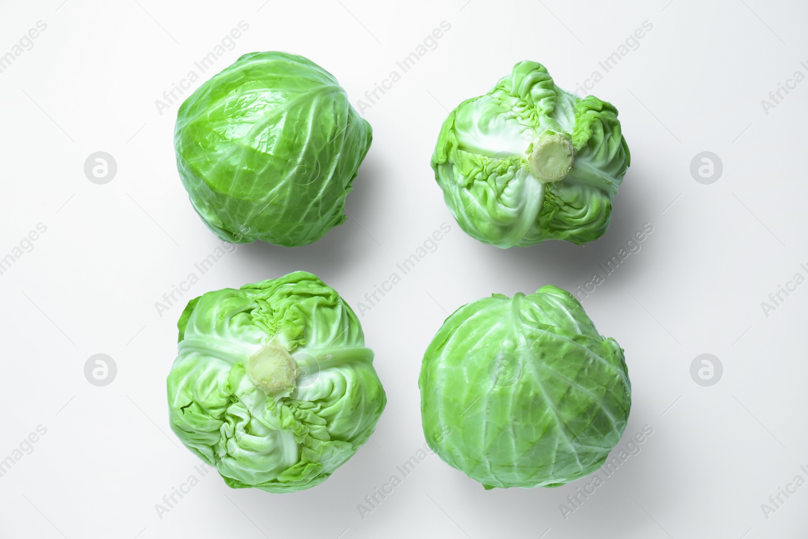 Photo of Raw green cabbages on white background, flat lay