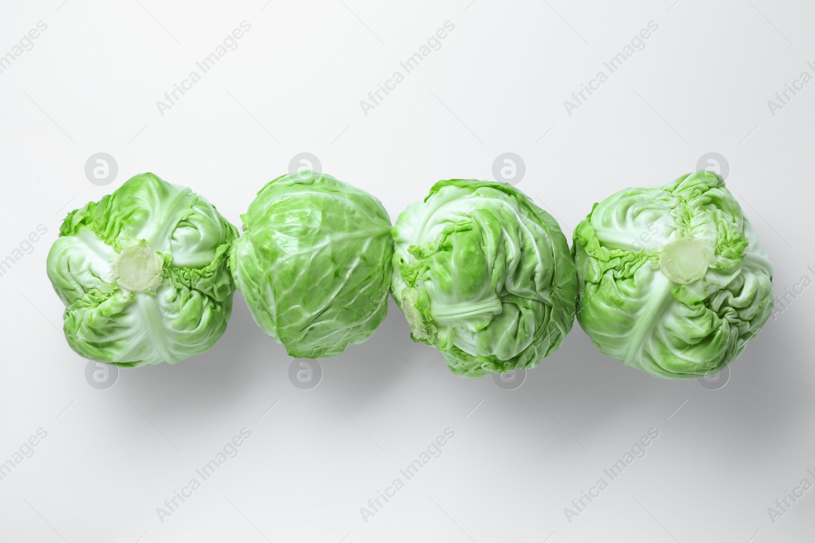 Photo of Raw green cabbages on white background, flat lay