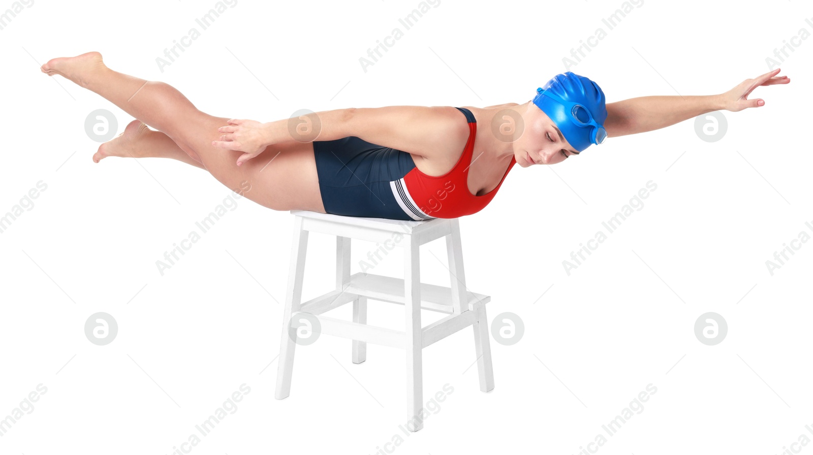 Photo of Professional sportswoman in swimsuit and cap swimming on white background