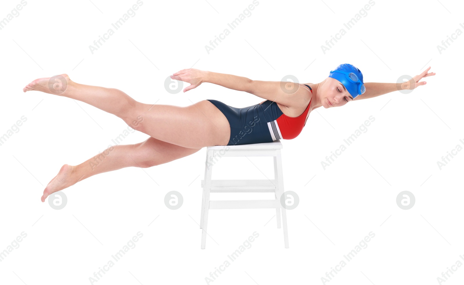 Photo of Professional sportswoman in swimsuit and cap swimming on white background