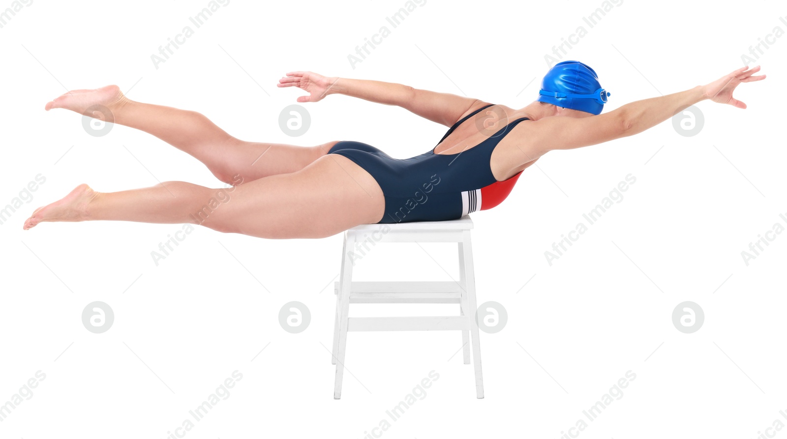 Photo of Professional sportswoman in swimsuit and cap swimming on white background