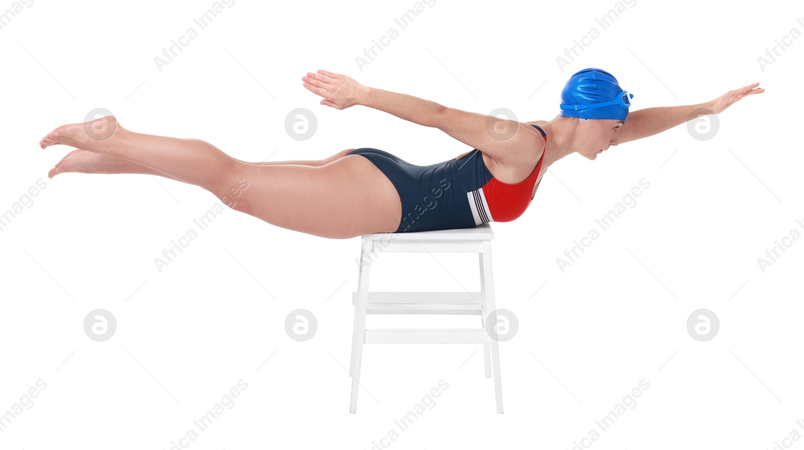 Photo of Professional sportswoman in swimsuit and cap swimming on white background