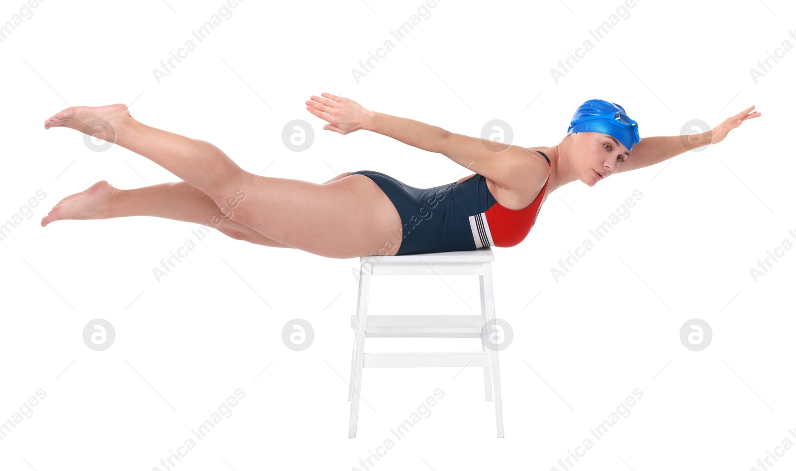 Photo of Professional sportswoman in swimsuit and cap swimming on white background