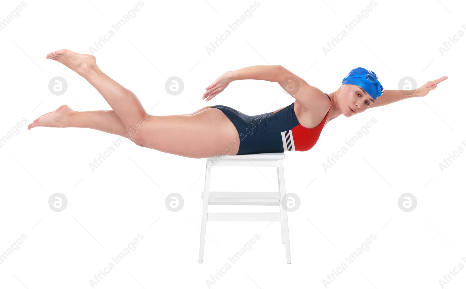 Photo of Professional sportswoman in swimsuit and cap swimming on white background