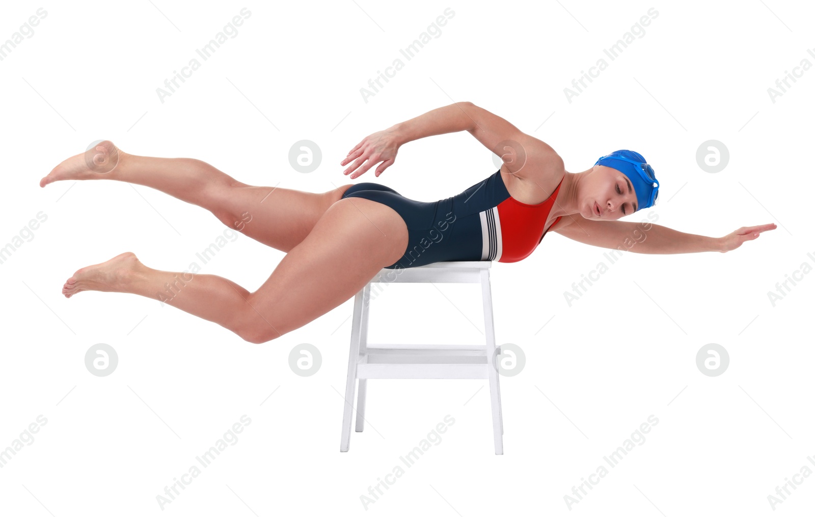 Photo of Professional sportswoman in swimsuit and cap swimming on white background