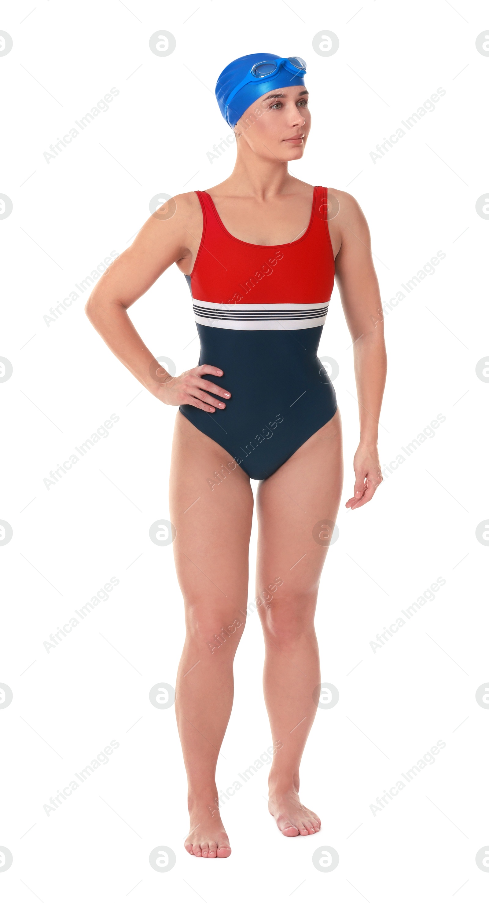 Photo of Professional sportswoman wearing swimsuit, swimming cap and goggles on white background