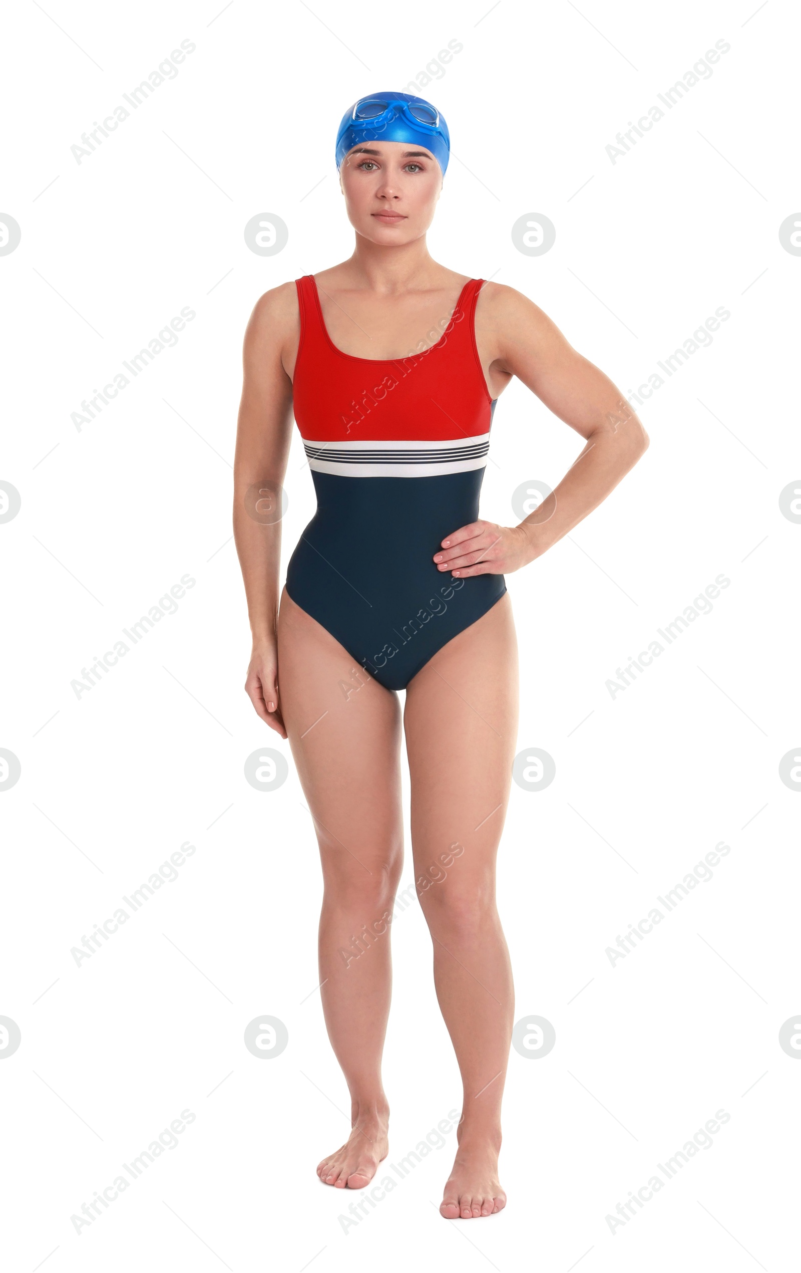 Photo of Professional sportswoman wearing swimsuit, swimming cap and goggles on white background