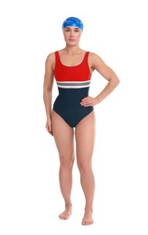 Photo of Professional sportswoman wearing swimsuit, swimming cap and goggles on white background