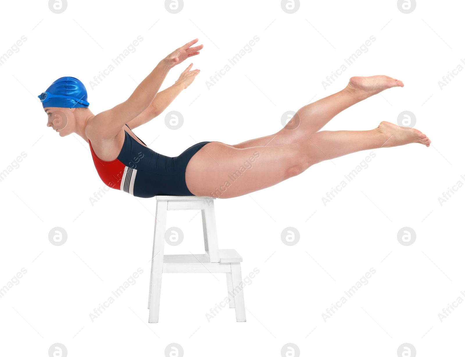 Photo of Professional sportswoman in swimsuit and cap swimming on white background