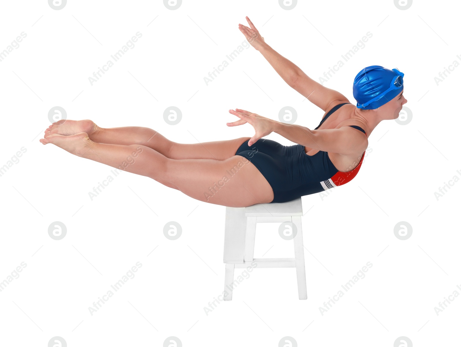 Photo of Professional sportswoman in swimsuit and cap swimming on white background