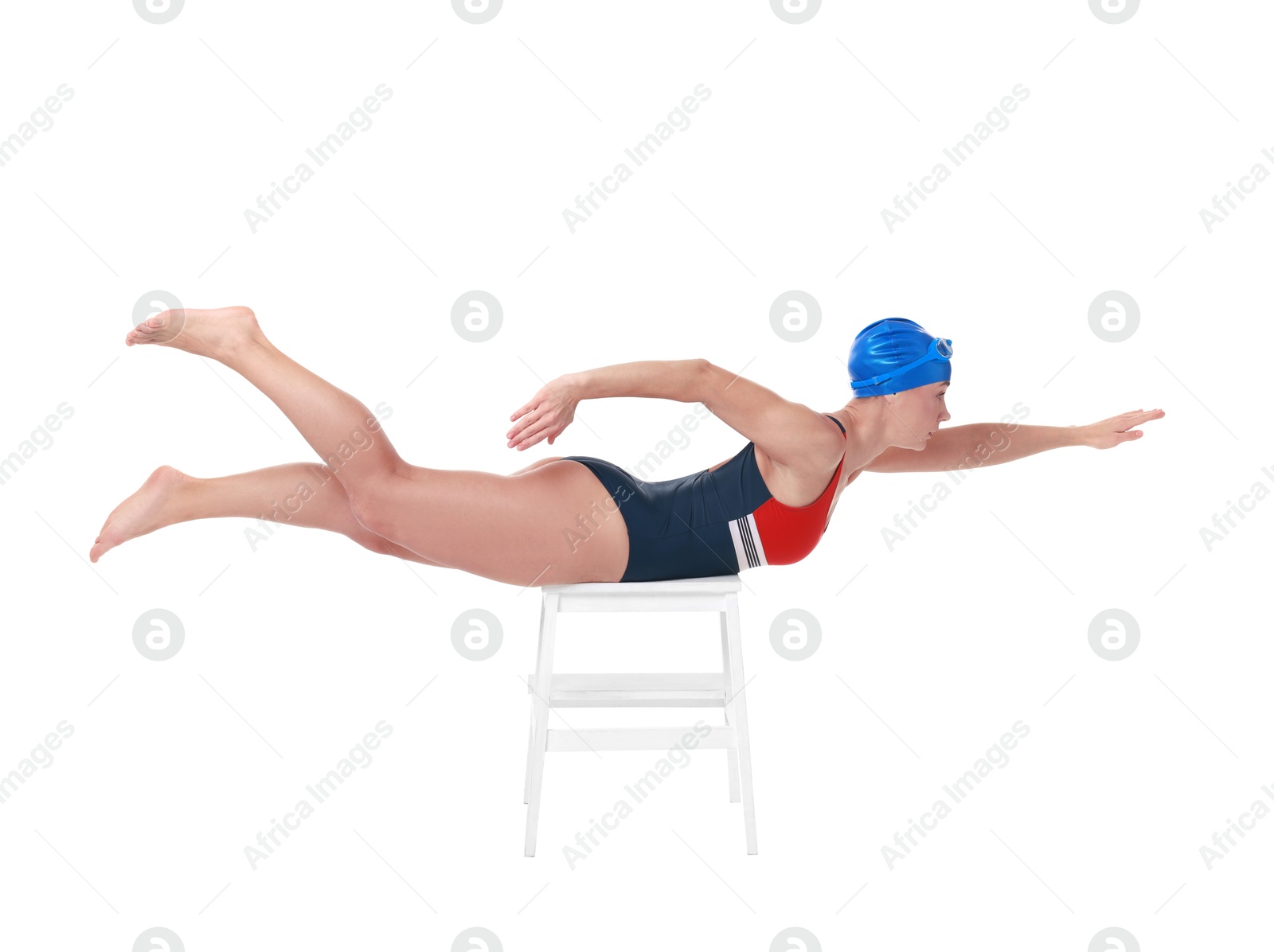 Photo of Professional sportswoman in swimsuit and cap swimming on white background