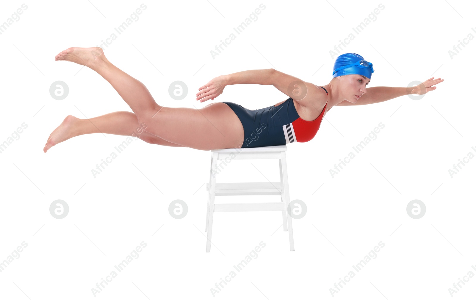 Photo of Professional sportswoman in swimsuit and cap swimming on white background