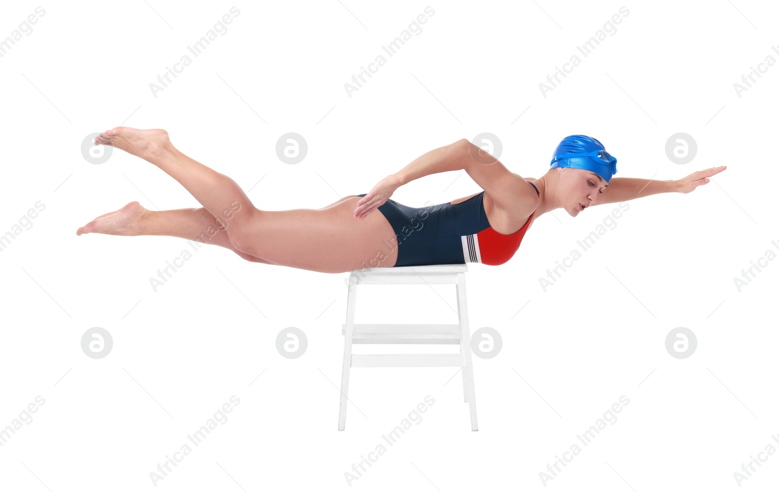 Photo of Professional sportswoman in swimsuit and cap swimming on white background