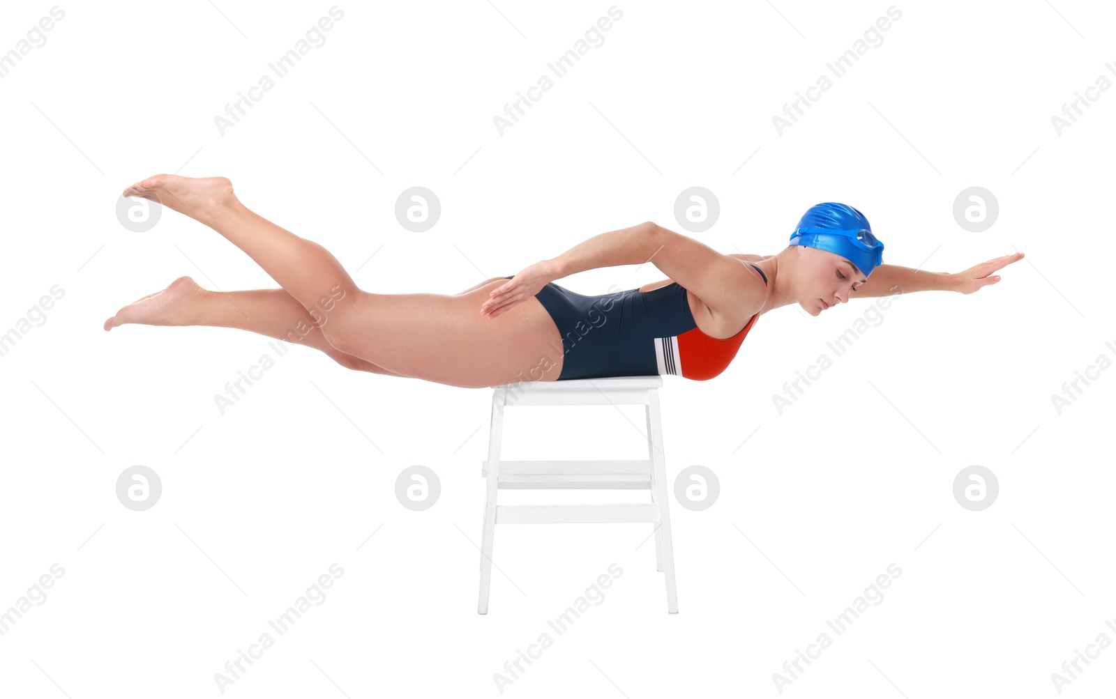 Photo of Professional sportswoman in swimsuit and cap swimming on white background