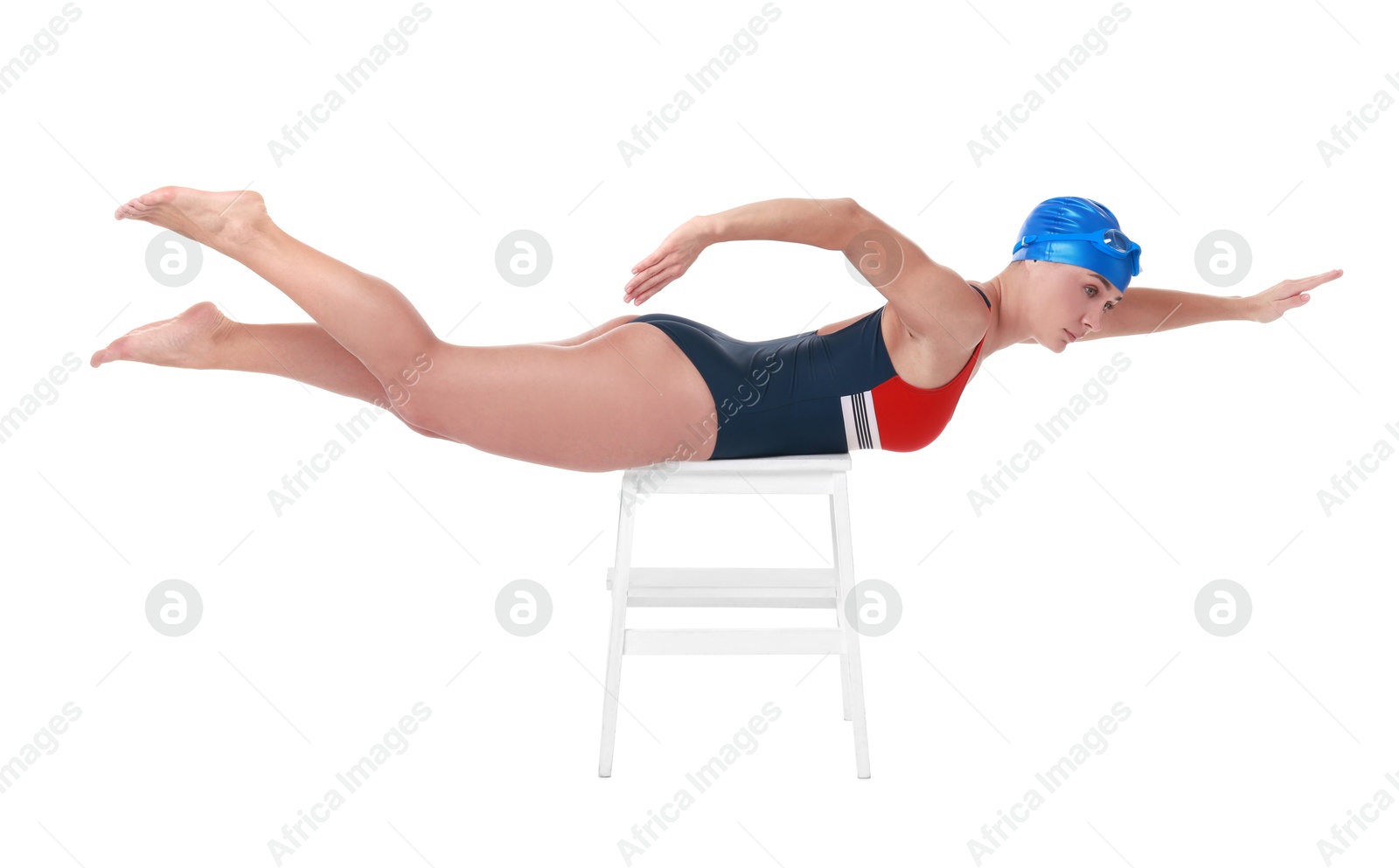 Photo of Professional sportswoman in swimsuit and cap swimming on white background