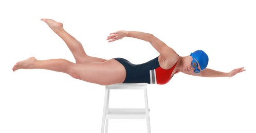 Photo of Professional sportswoman in swimsuit, cap and goggles swimming on white background