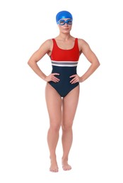 Photo of Professional sportswoman wearing swimsuit, swimming cap and goggles on white background