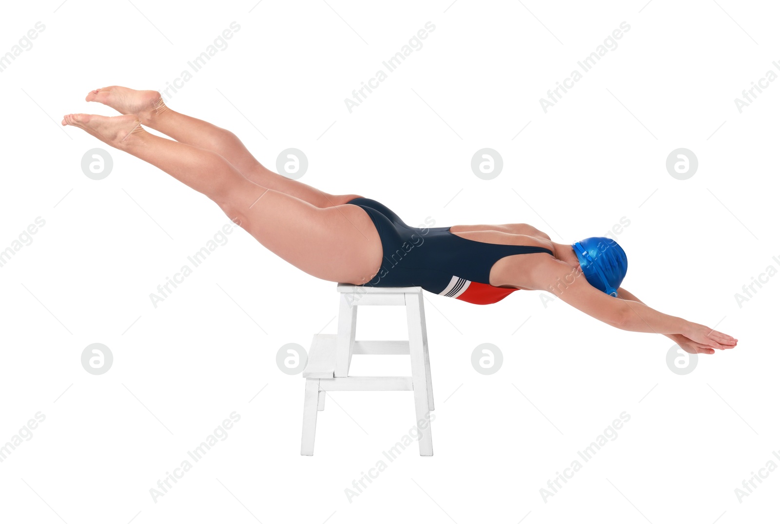 Photo of Professional sportswoman in swimsuit and cap swimming on white background