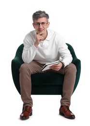 Photo of Professional psychologist with notebook sitting on chair against white background