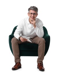 Photo of Professional psychologist with notebook sitting on chair against white background