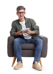 Photo of Professional psychologist with notebook sitting on chair against white background