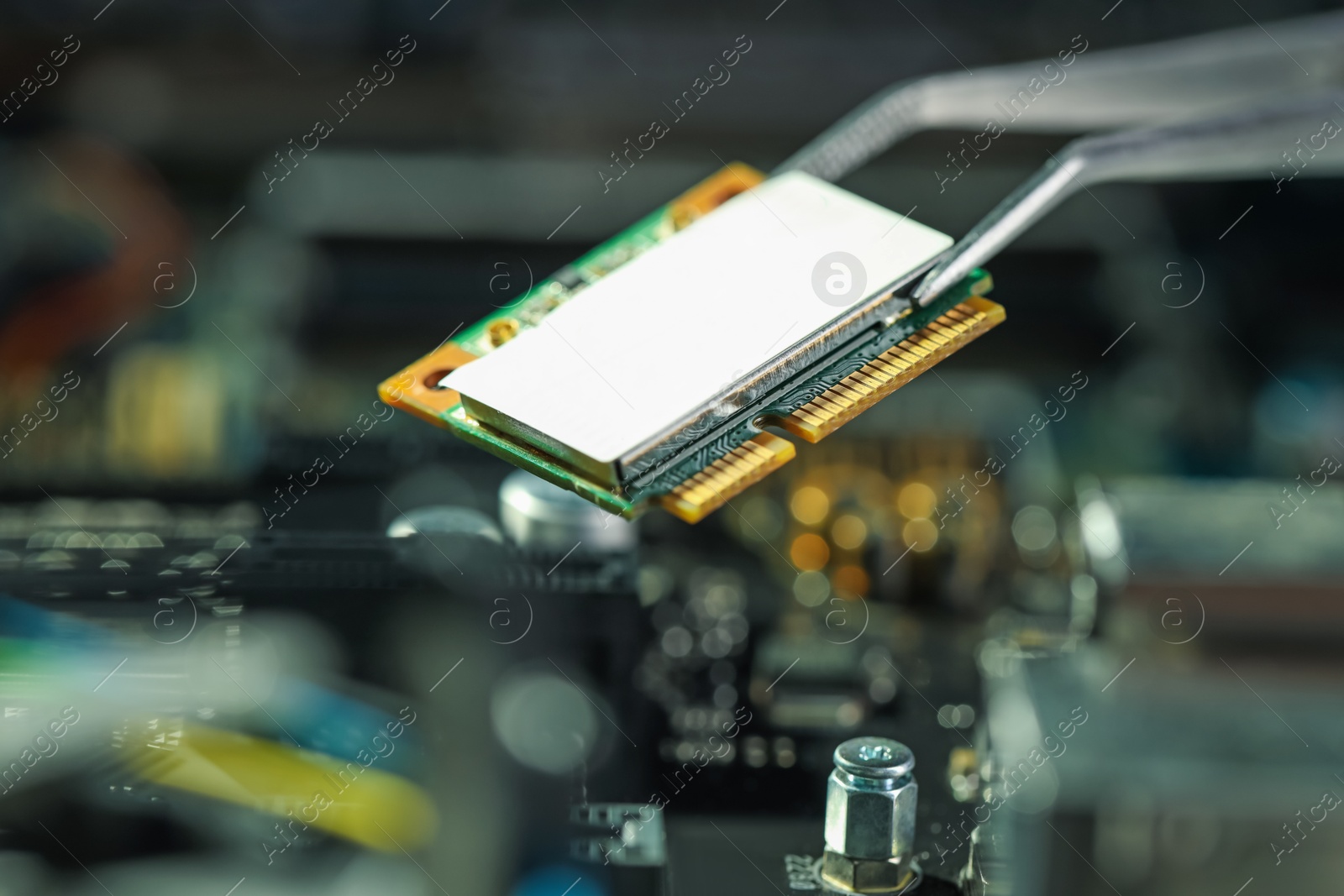 Photo of Wi-Fi card on blurred background, closeup. Electronic engineering