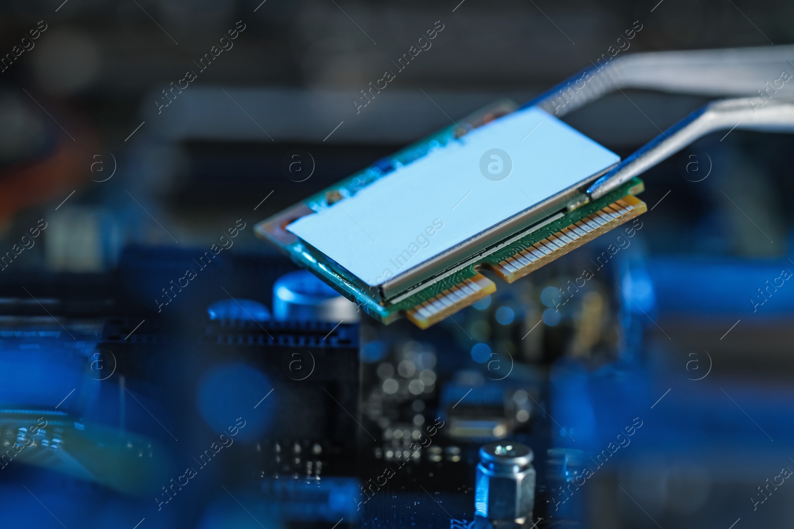 Photo of Wi-Fi card on blurred background, closeup. Electronic engineering