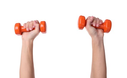 Photo of Woman exercising with dumbbells on white background, closeup