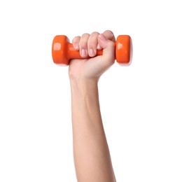 Photo of Woman exercising with dumbbell on white background, closeup