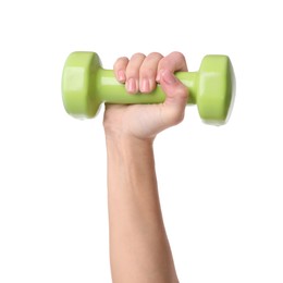 Photo of Woman exercising with dumbbell on white background, closeup