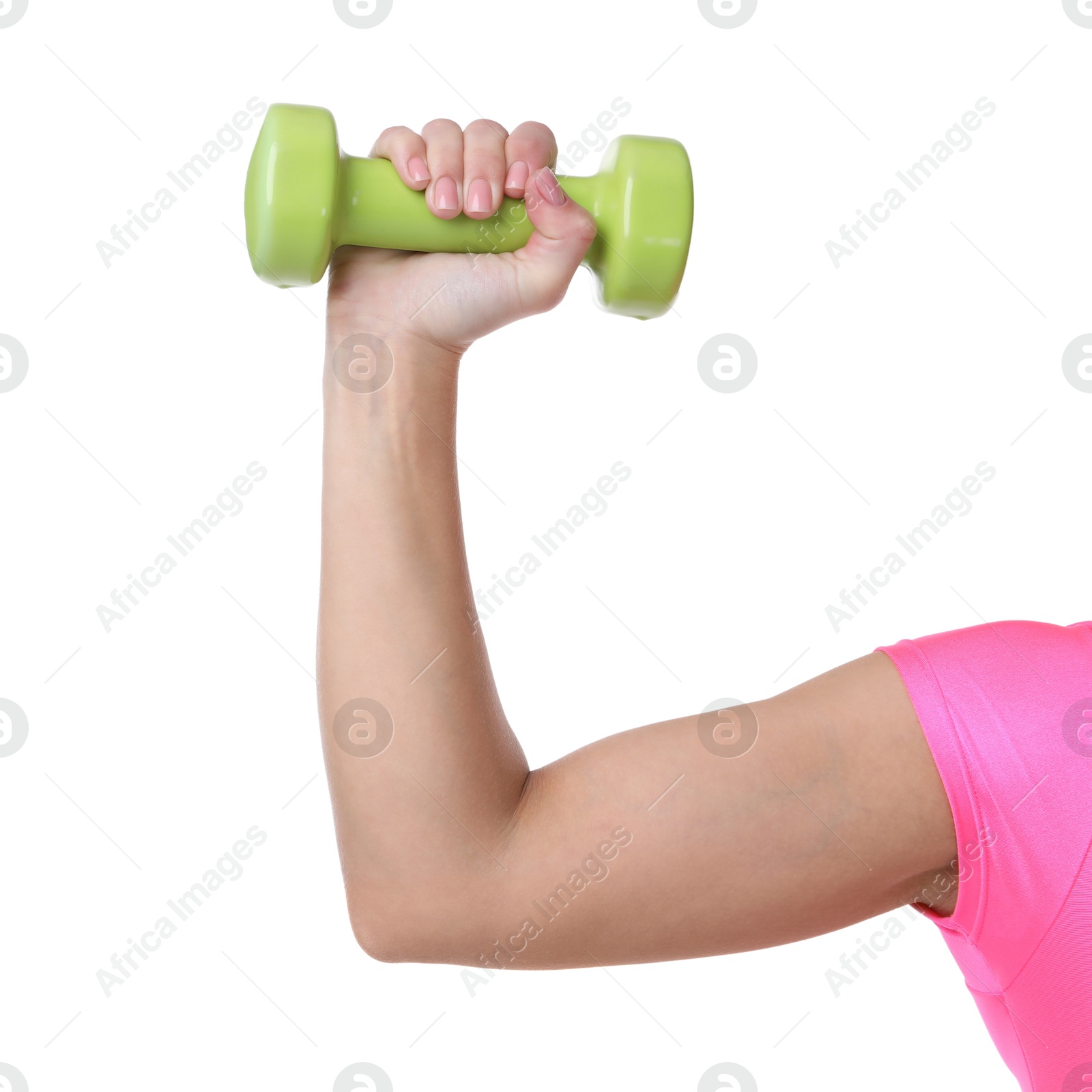 Photo of Woman exercising with dumbbell on white background, closeup