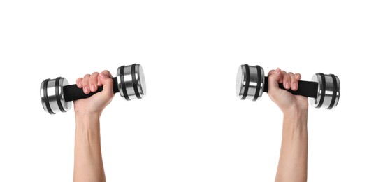 Photo of Woman exercising with dumbbells on white background, closeup