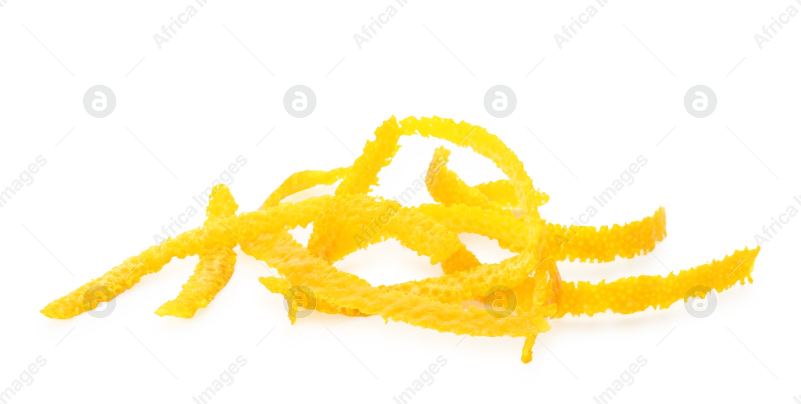 Photo of Pile of fresh orange zest isolated on white