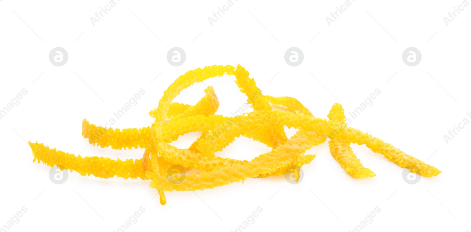 Photo of Pile of fresh orange zest isolated on white