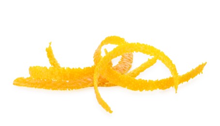 Photo of Pile of fresh orange zest isolated on white