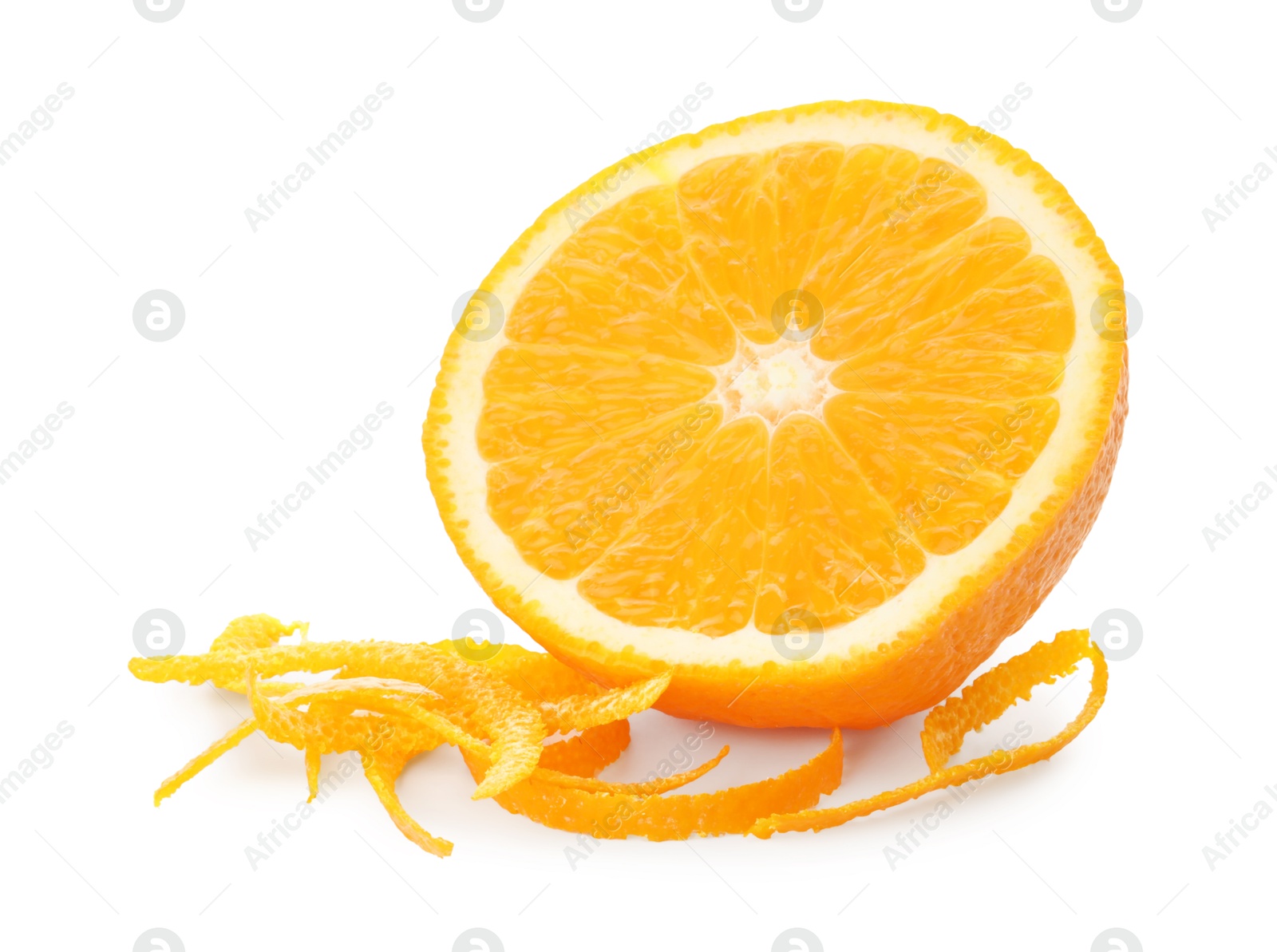 Photo of Half of fresh orange and zest isolated on white