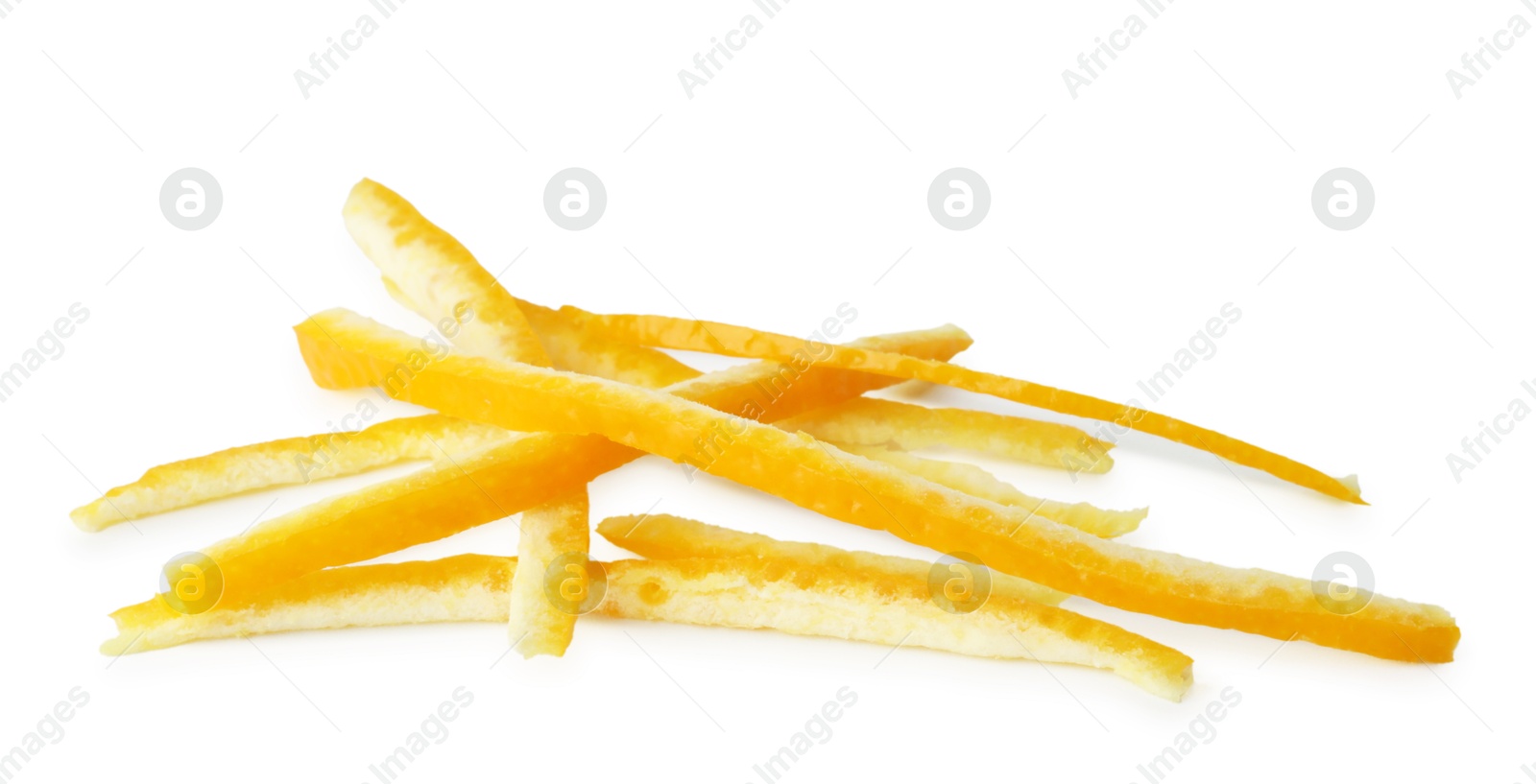 Photo of Pile of fresh orange zest isolated on white