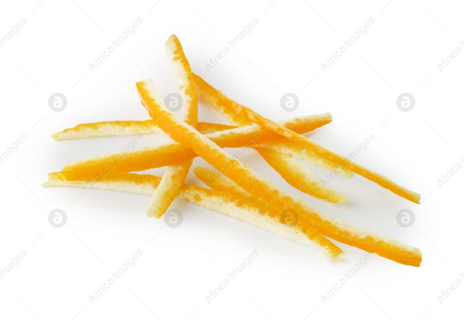 Photo of Pile of fresh orange zest isolated on white, above view