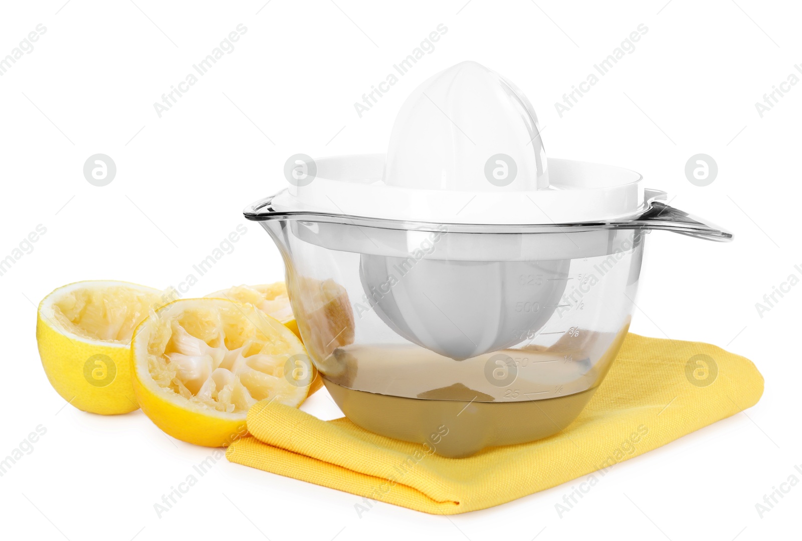 Photo of Juicer and fresh lemons isolated on white