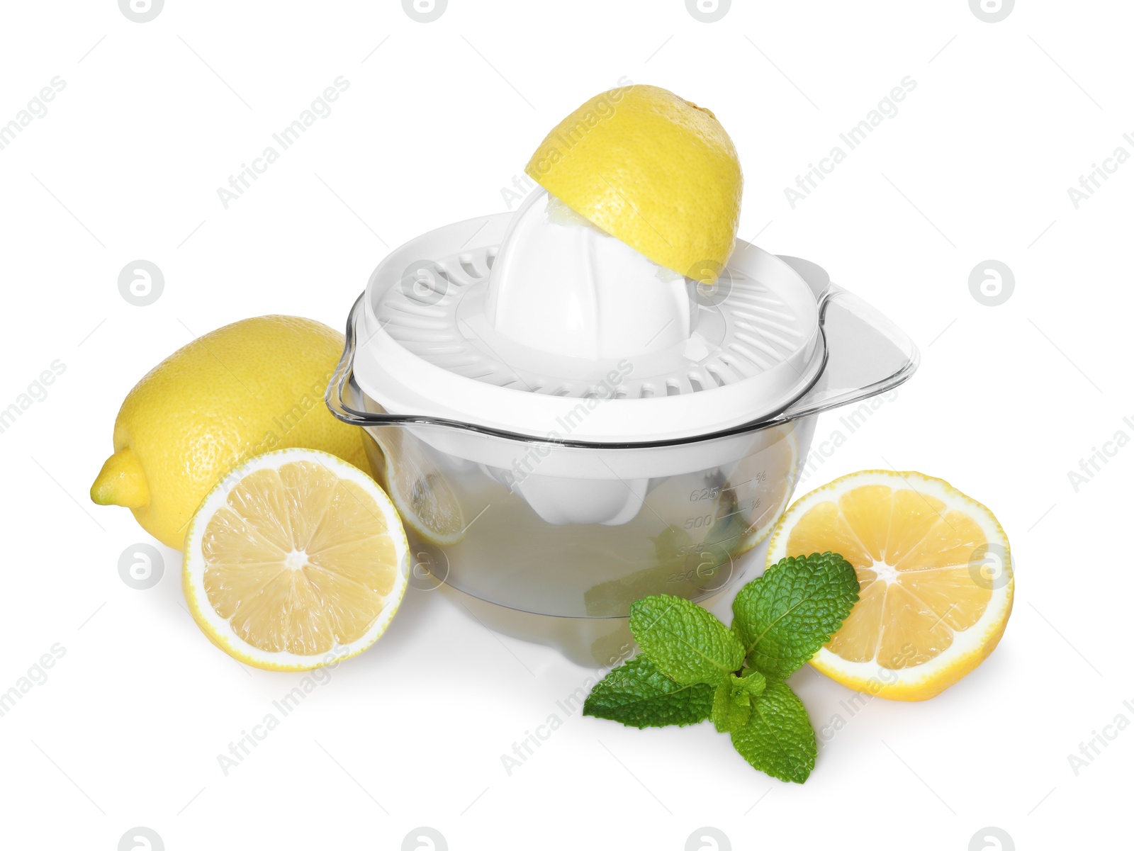 Photo of Juicer, fresh lemons and mint isolated on white