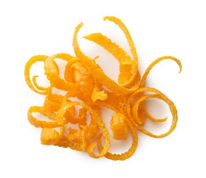 Photo of Fresh orange zest isolated on white, top view