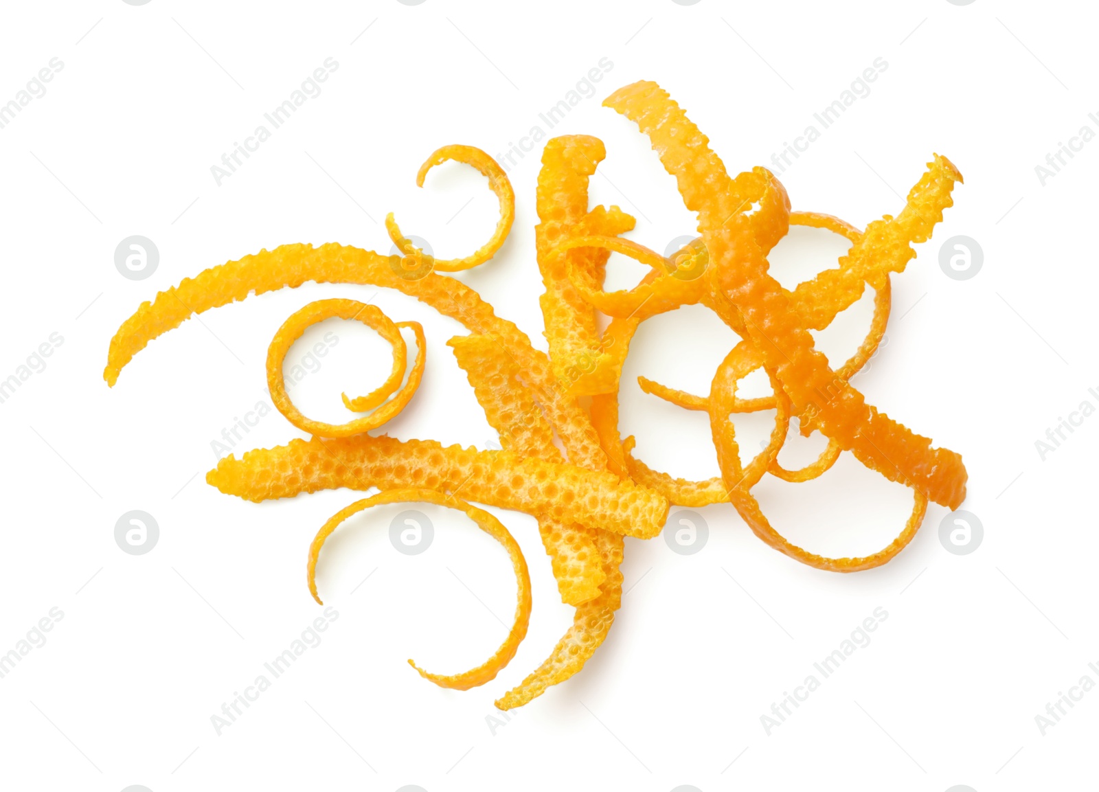 Photo of Fresh orange zest isolated on white, top view