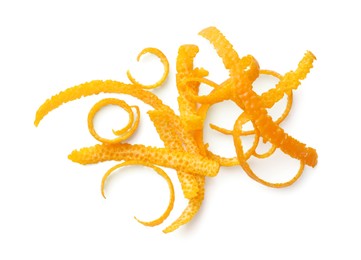 Fresh orange zest isolated on white, top view