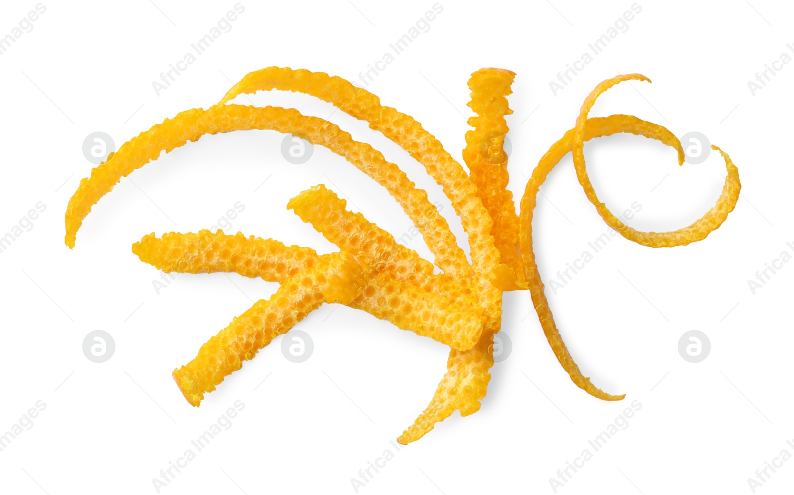 Photo of Fresh orange zest isolated on white, top view