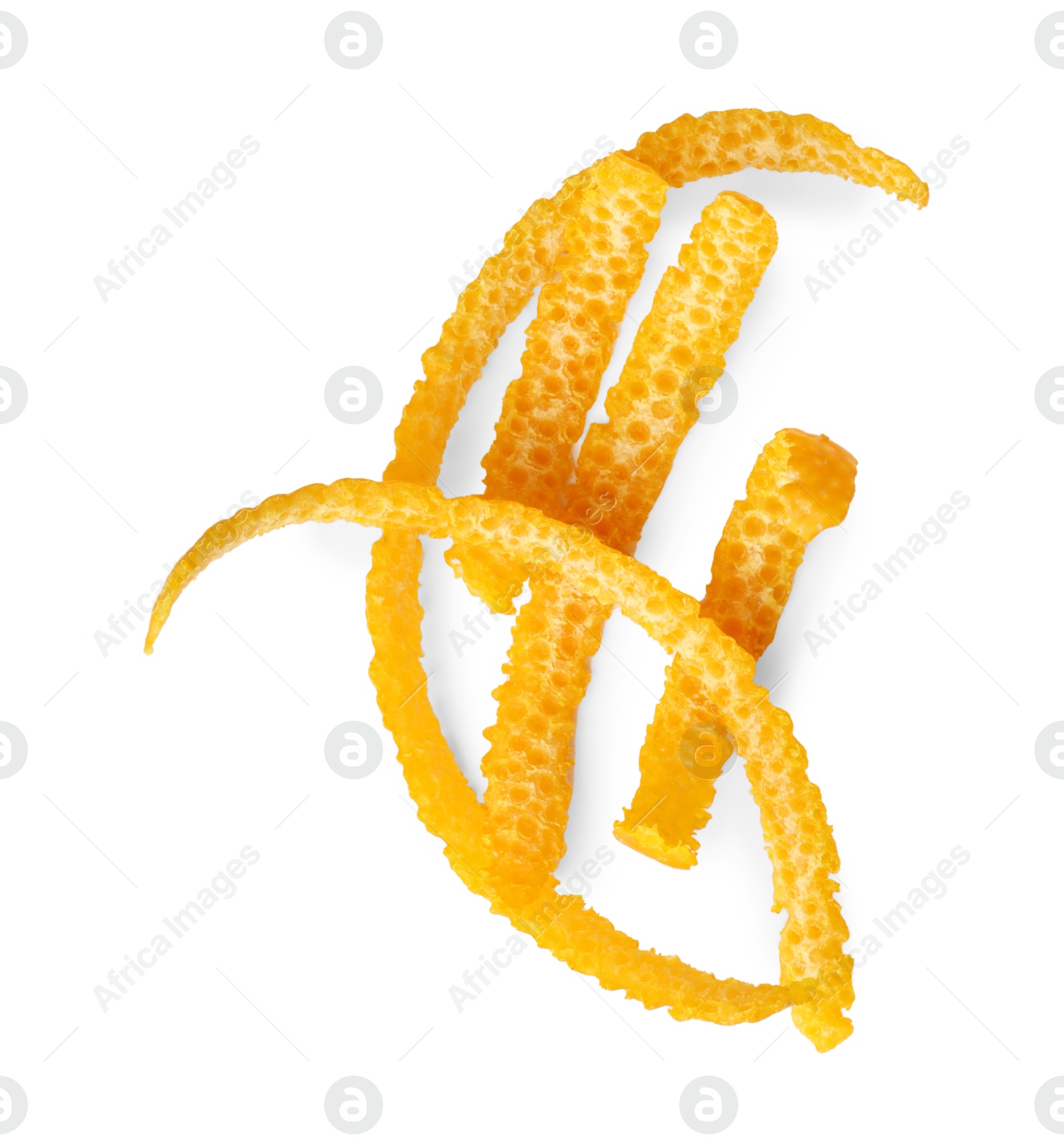 Photo of Fresh orange zest isolated on white, top view