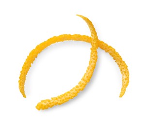 Photo of Fresh orange zest isolated on white, top view