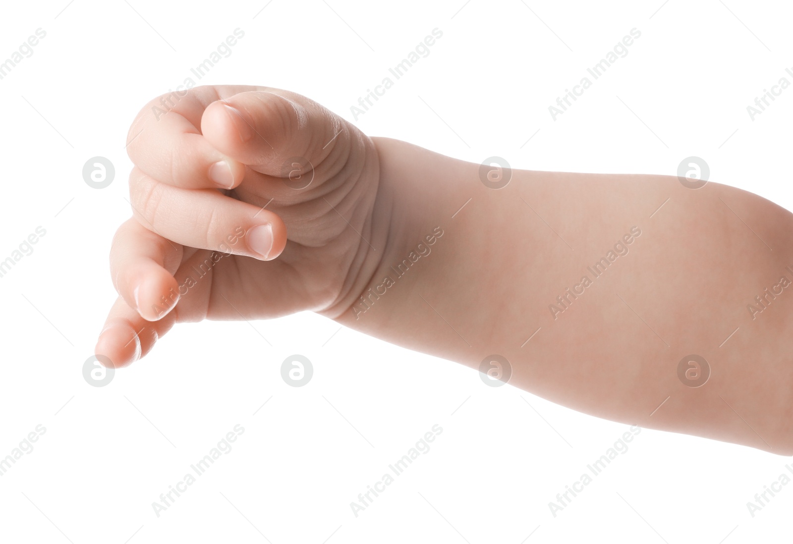 Photo of Little baby on white background, closeup view