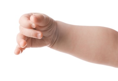 Photo of Little baby on white background, closeup view